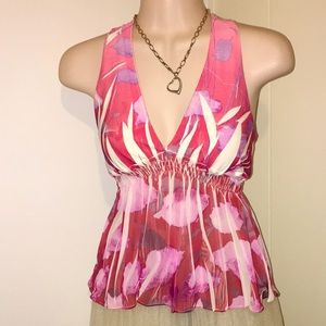 Lakubo Made USA pink lavender floral retro smocked deep V tie back halter top M